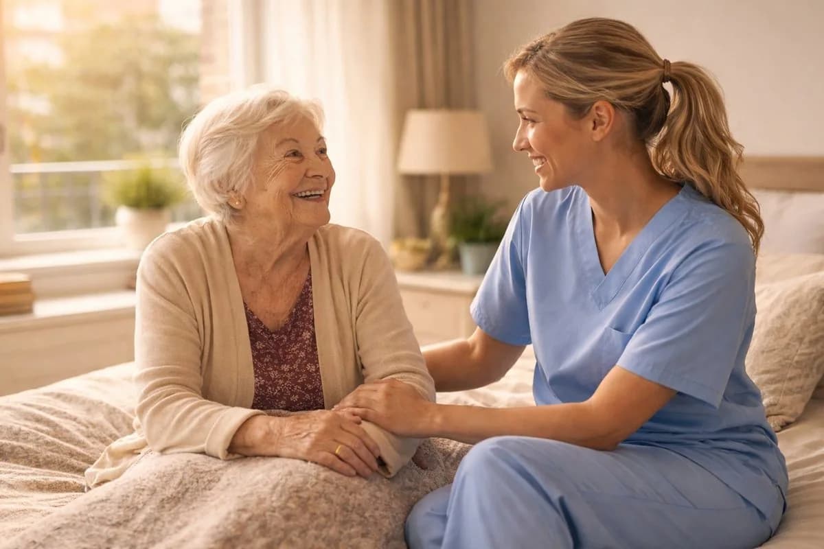 A caregiver sitting with an elderly patient at home